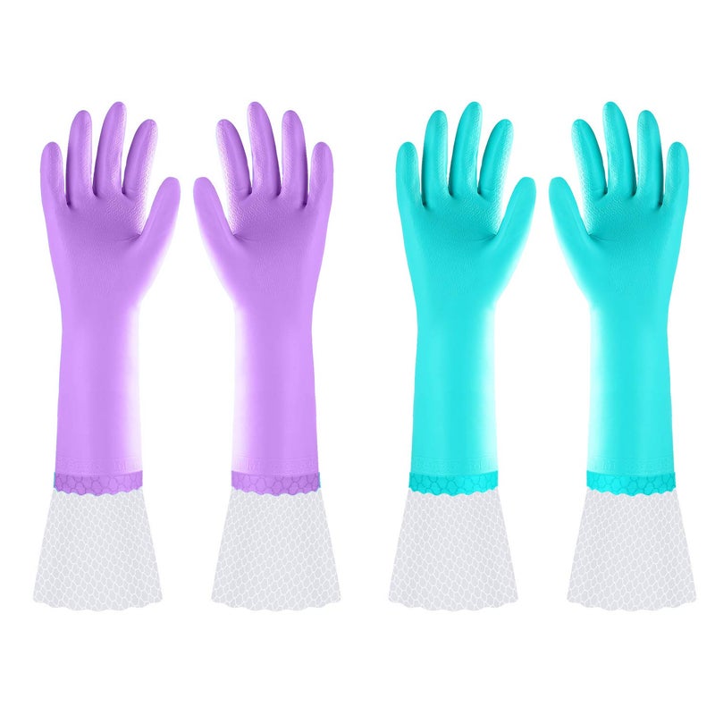 Elgood Reusable Long Dishwashing Cleaning Gloves with Latex Free, Long Cuff,Cotton Lining,Kitchen Gloves 2 Pairs,Purple+Blue Medium - Image 1